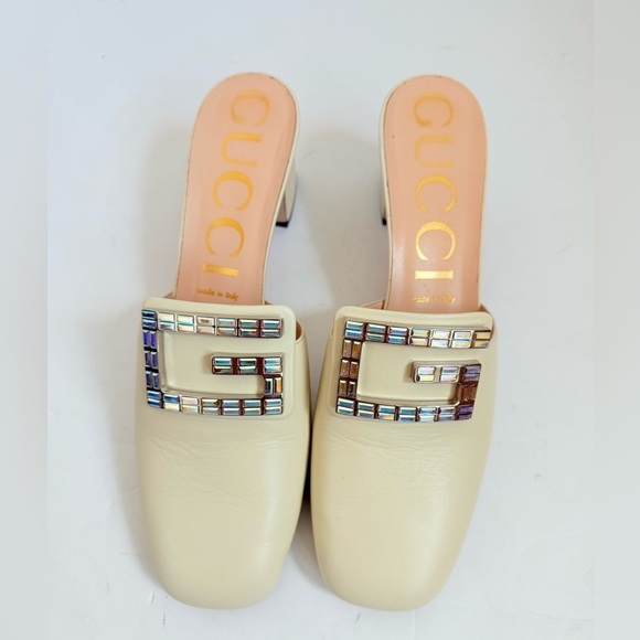 GUCCI Mystic White/ Off-white leather Madelyn Crystal G Mules Block heel  EU 41 - Picture 2 of 9